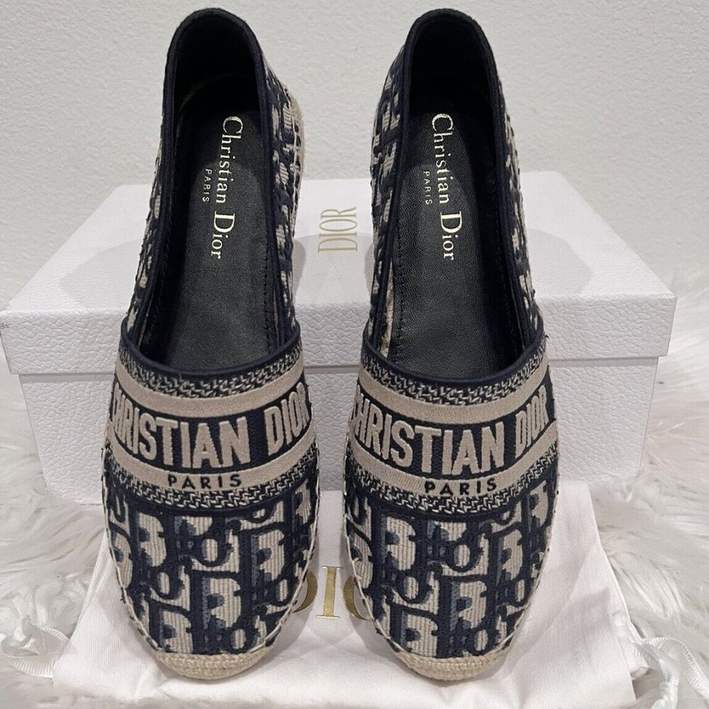 Auth Christian Dior Granville Logo Oblique Embroidered Espadrilles Flat 37/ 37.5